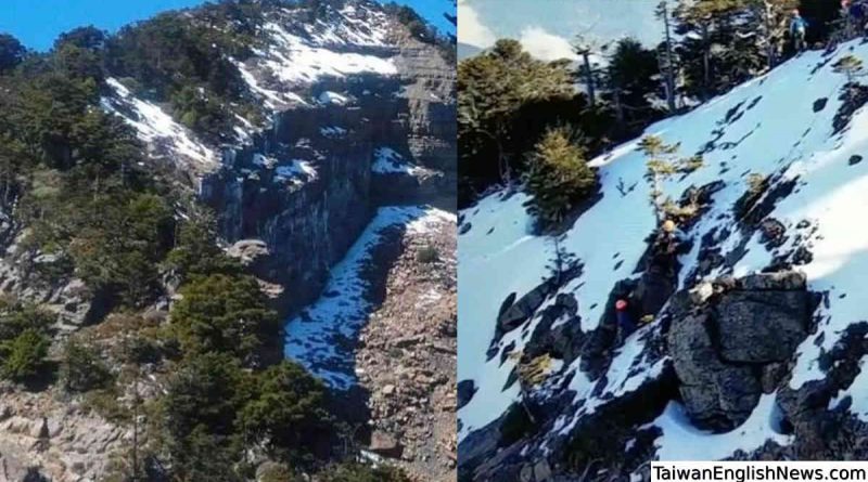 composite image showing mountain peak and two men who fell from trail