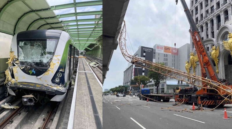 composite image of damaged train and collapsed crane