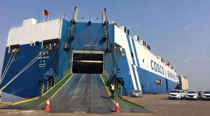 roll-on/roll-off ship with ramp on dock